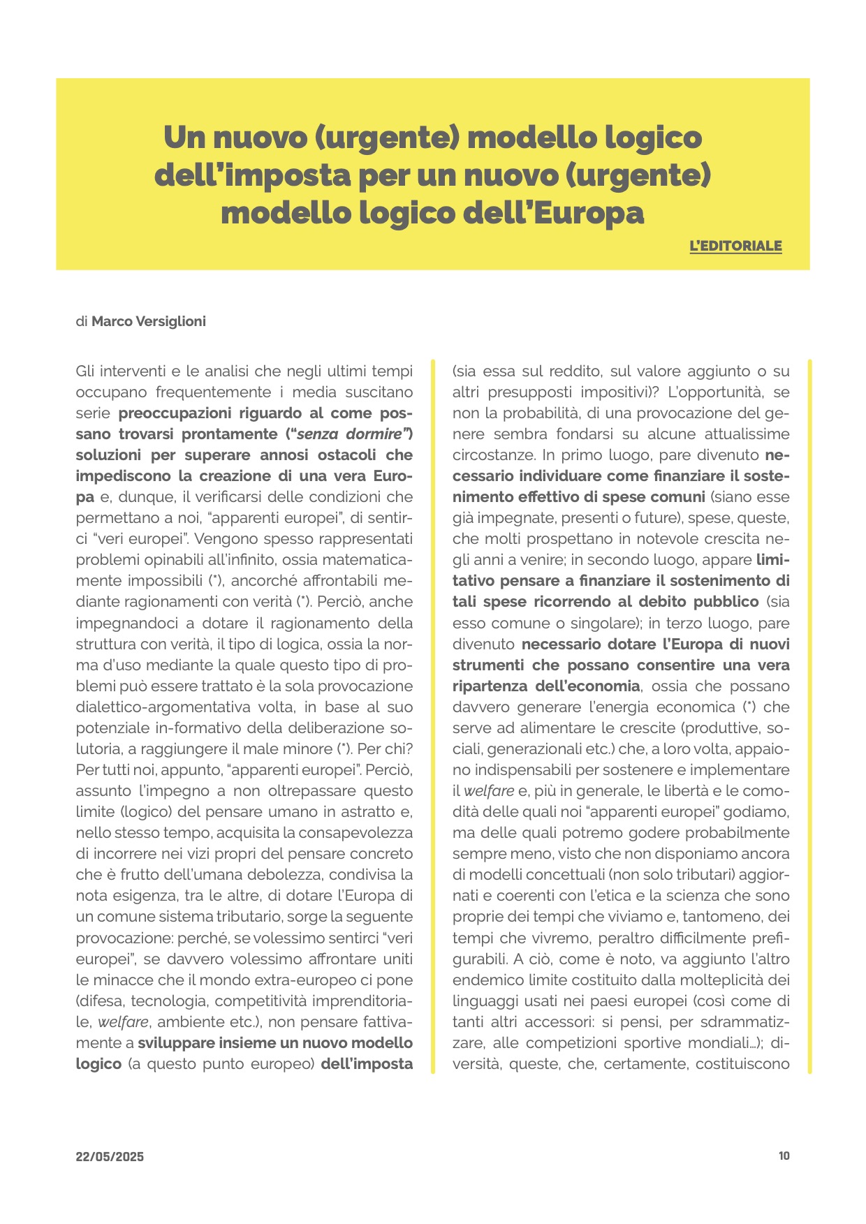 Imposta liquida-mv. Un nuovo modello logico di imposta per un nuovo modello logico di Europa